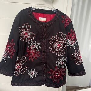 Alfred Dunner Woman XL Black Floral Embroidered Jacket. Round neck 3/4 sleeves.
